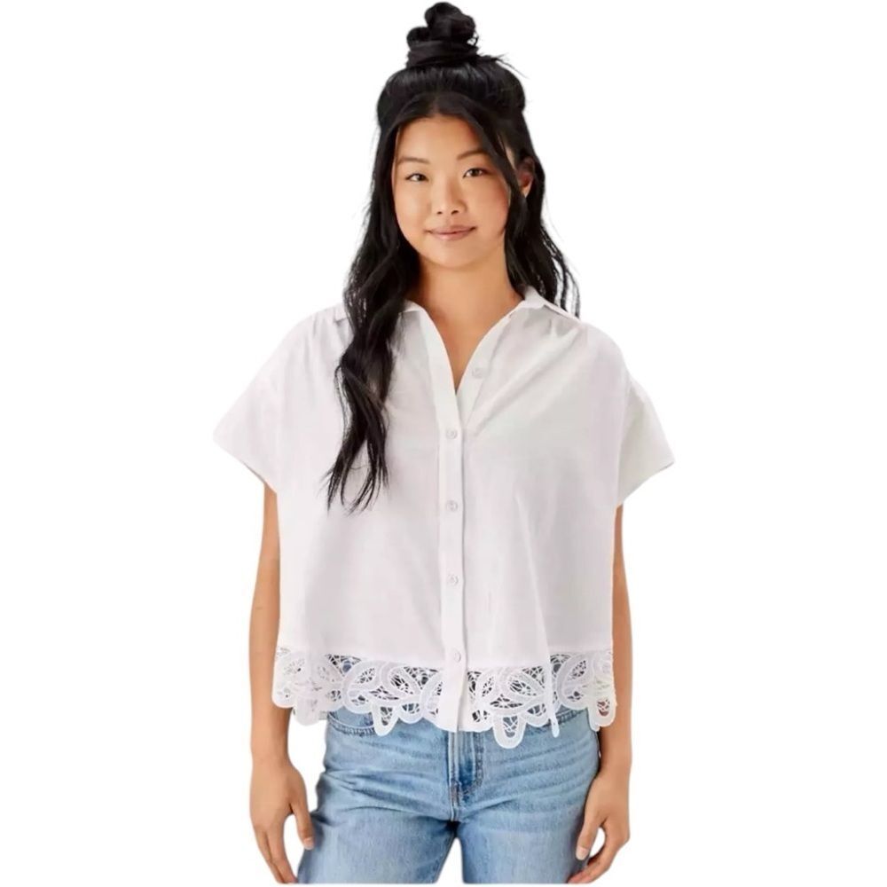 American Eagle White Lace Linen Blend Oversized Button Shirt Size Small